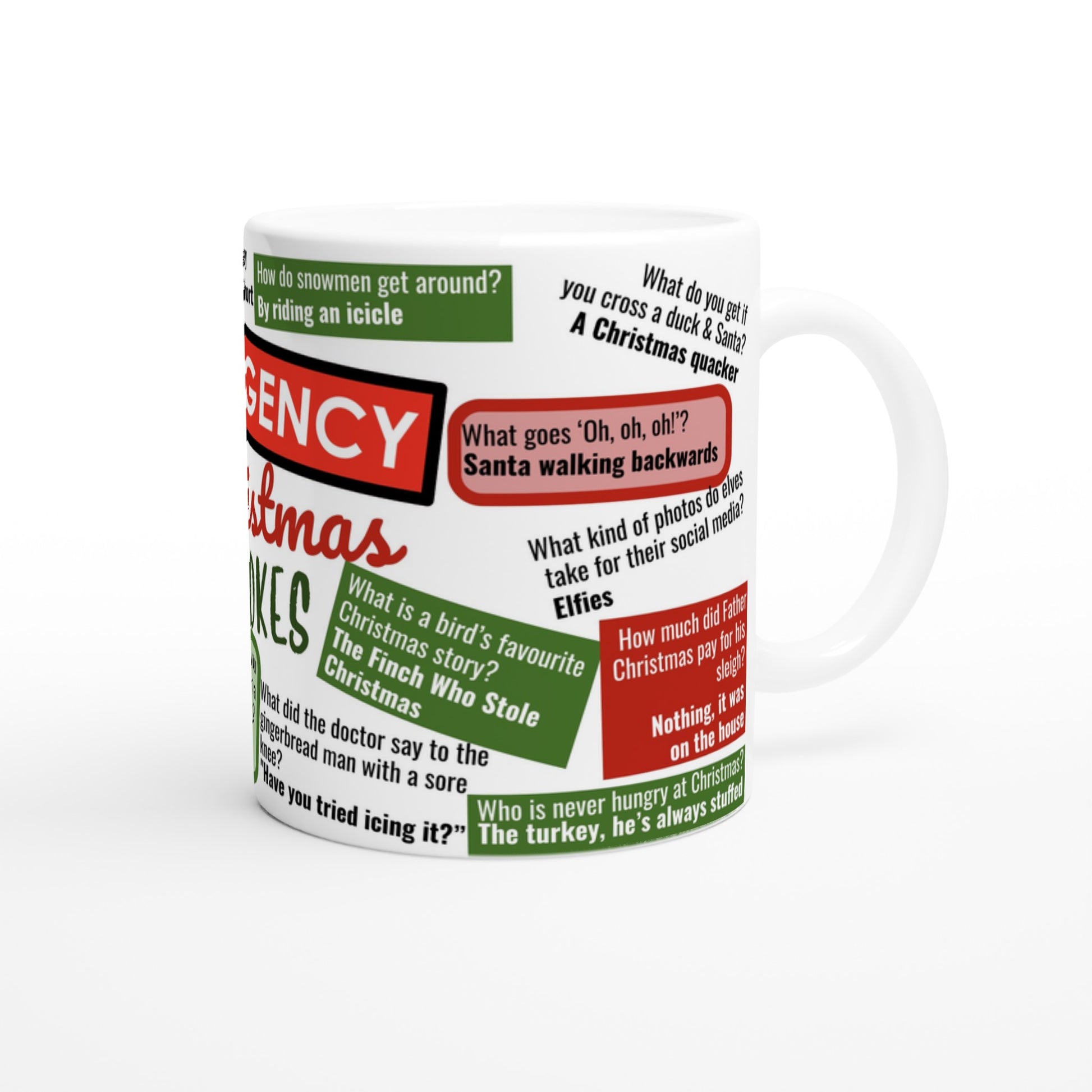 The left side of a funny coffee mug with "Emergency Christmas Jokes" on it.