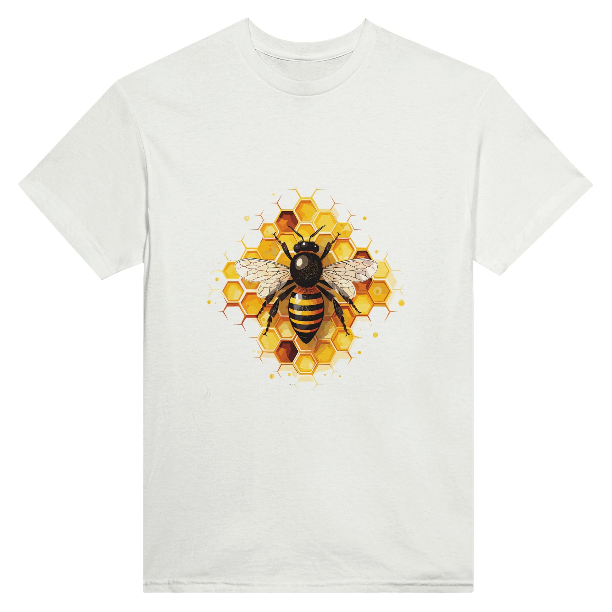 White t-shirt with a picture of a honeybee on honeycomb