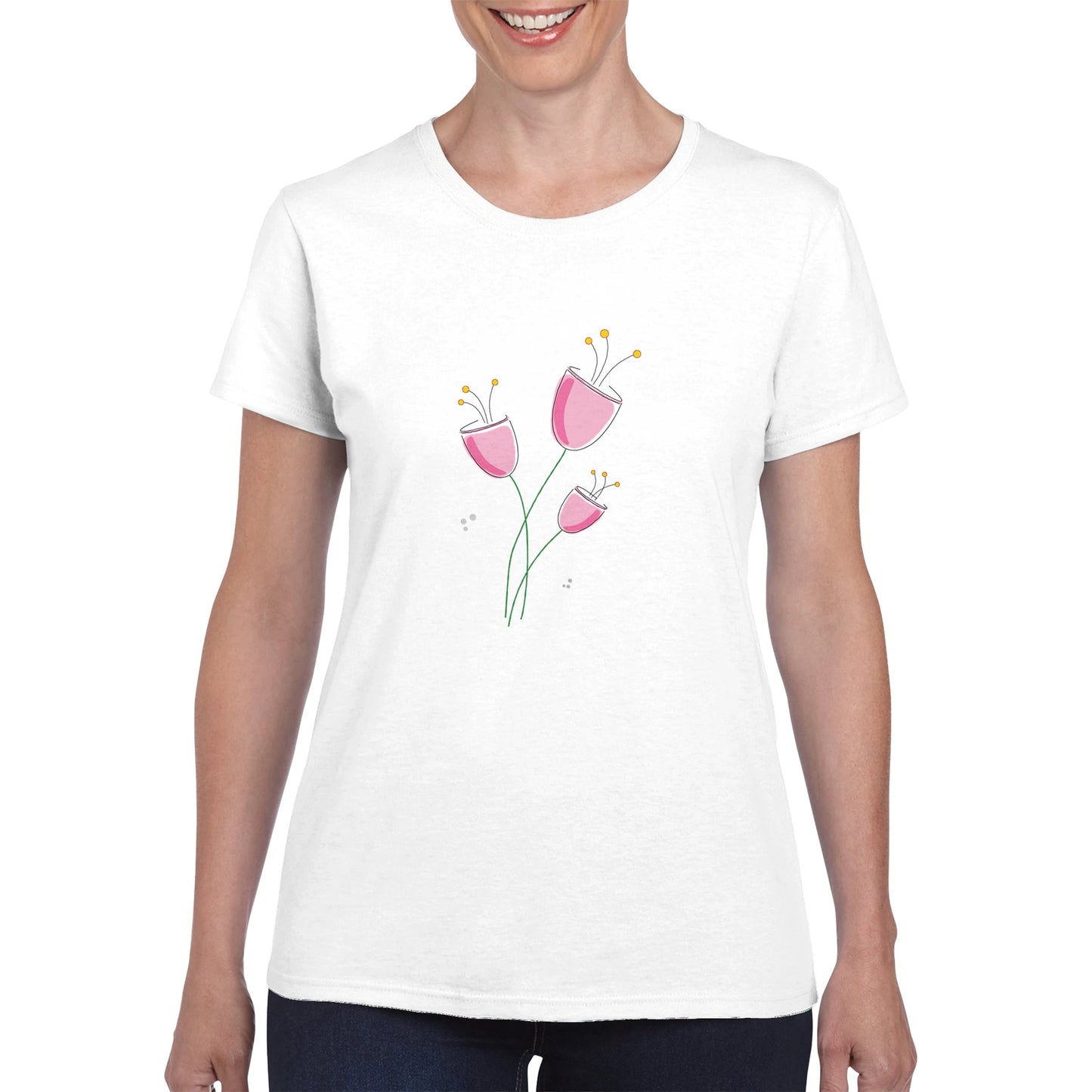 a white womens t-shirt being worn by a woman with simple pink flowers