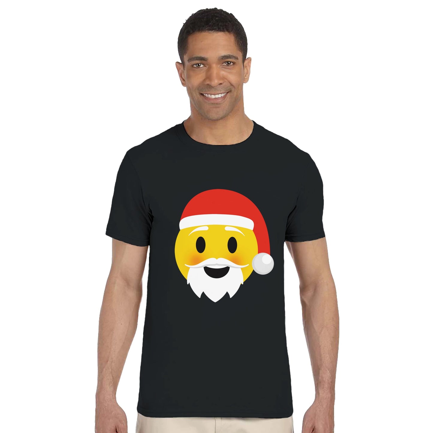 A man wearing a black Christmas t-shirt with a happy Santa emoji