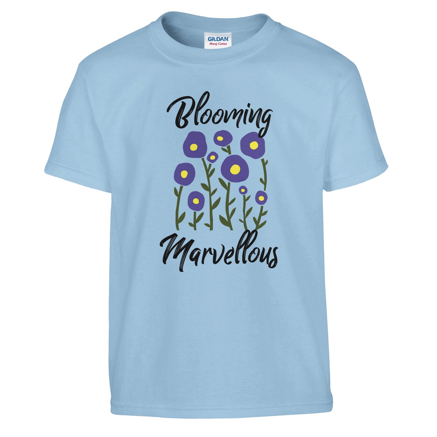 girls t-shirt with the words blooming marvellous and a picture of blue flowers on a blue shirt