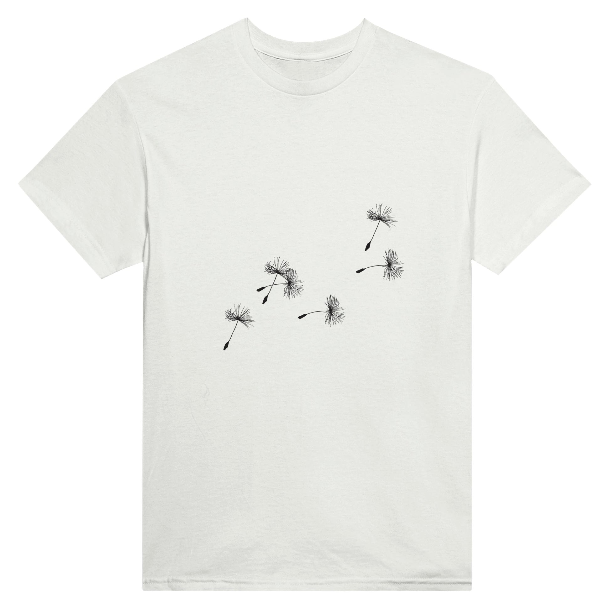 White t-shirt with the silhouette of dandelion seeds in black