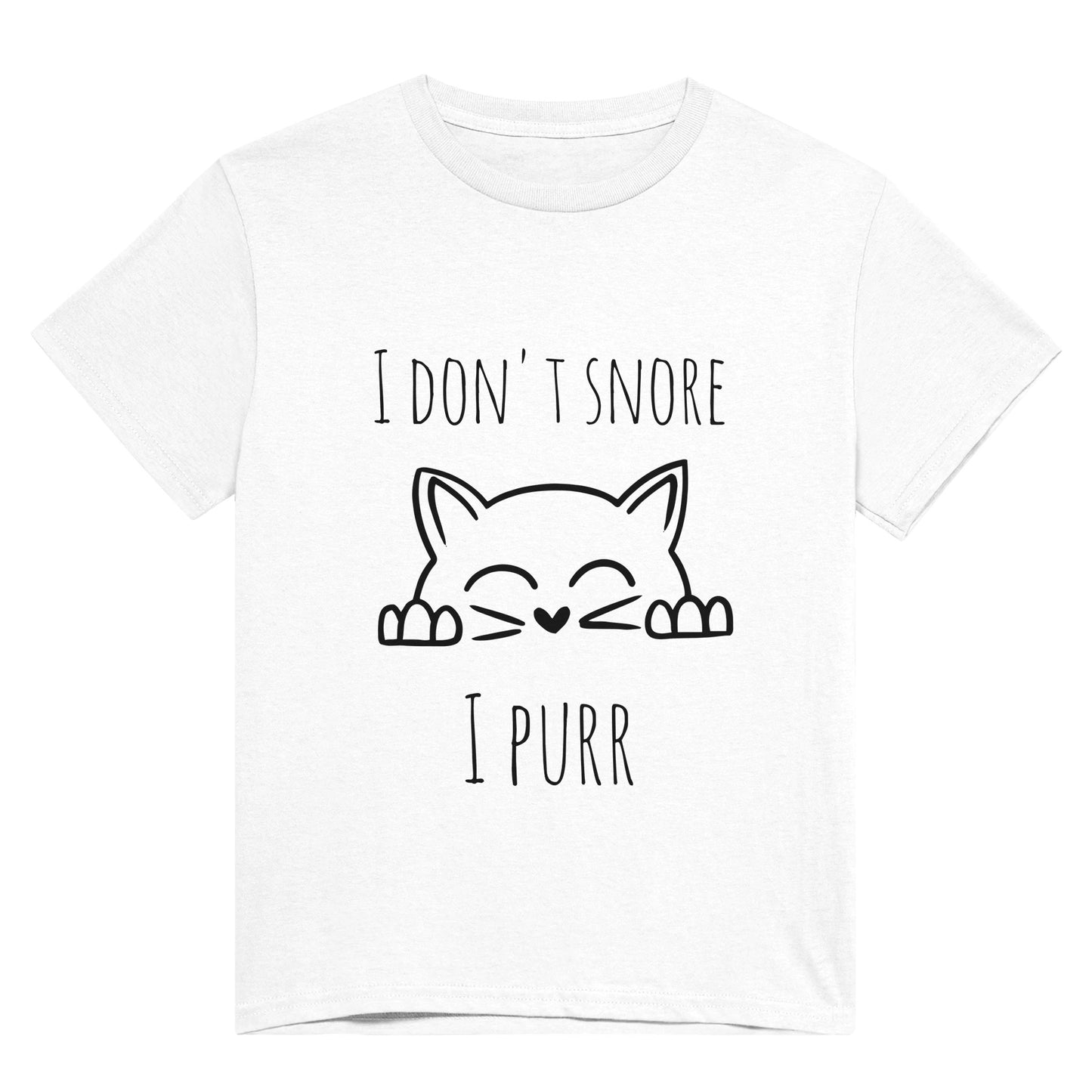 A white t shirt with the words, "I don't snore, I purr" and a picture of a cat peeping up on it.