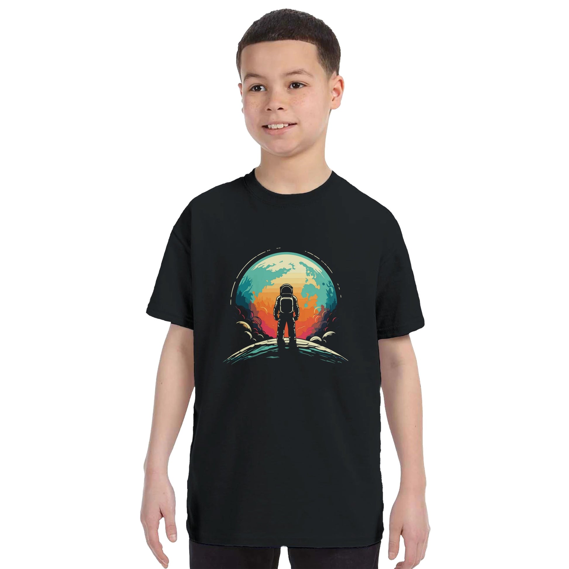 a kids black shirt with a colourful space themed design being worn by a child