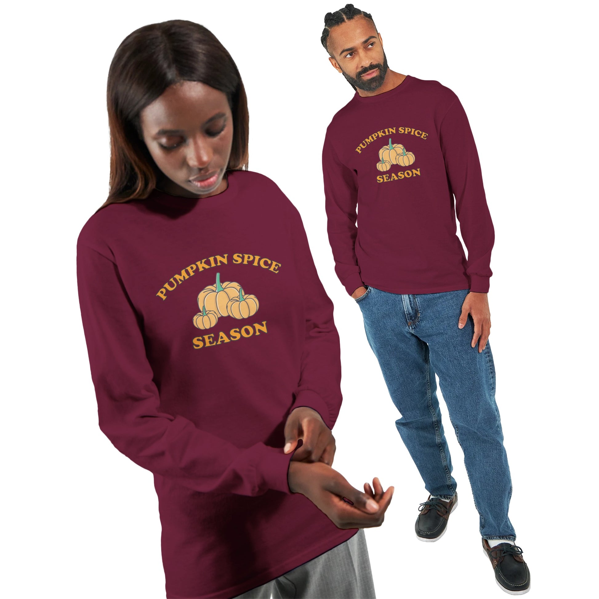 male and female models wearing a maroon shirt with long sleeve and the text "pumpkin spice season"