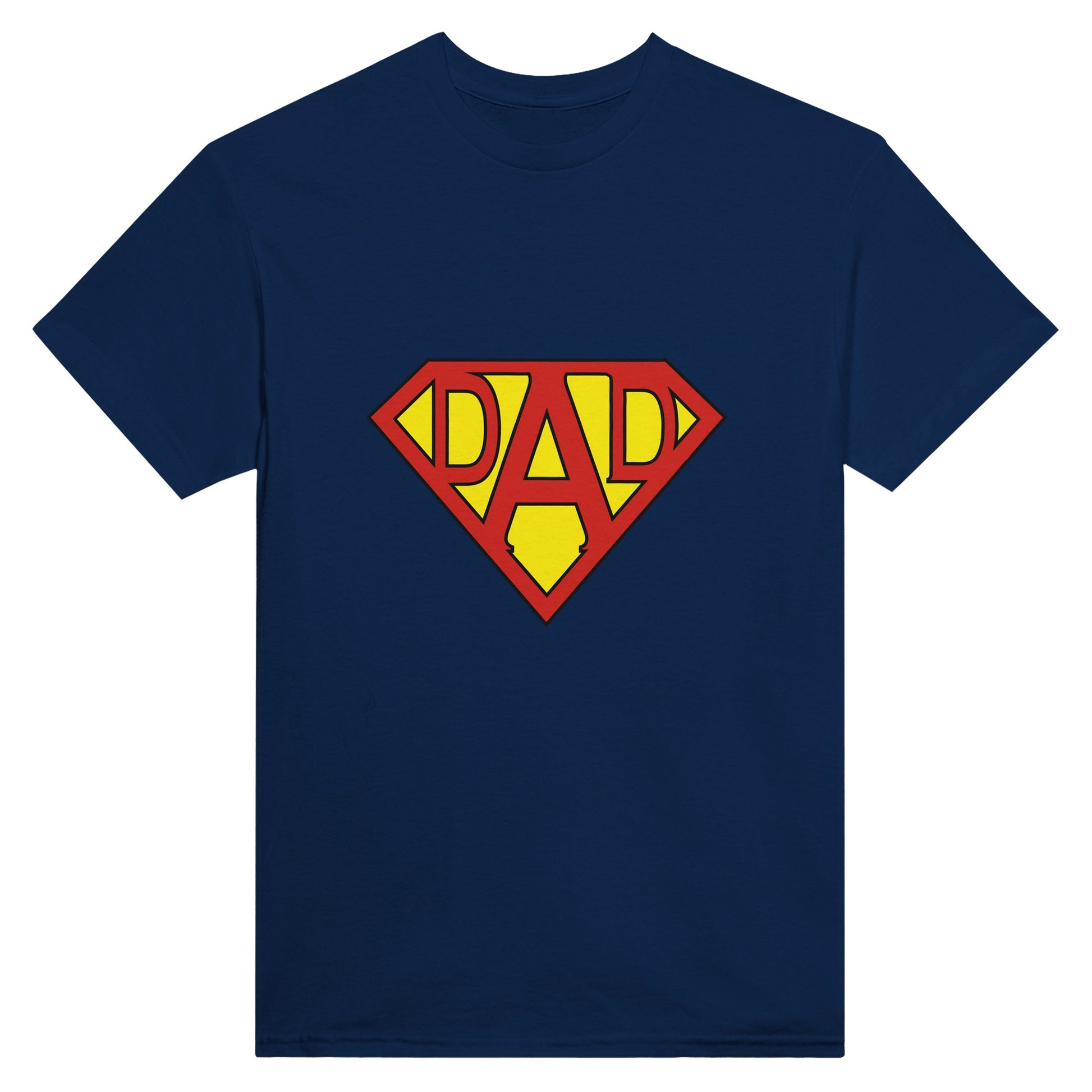 Navy blue shirt with a diamond shaped symbol in the middle with the word "dad", reminiscent of the superman symbol