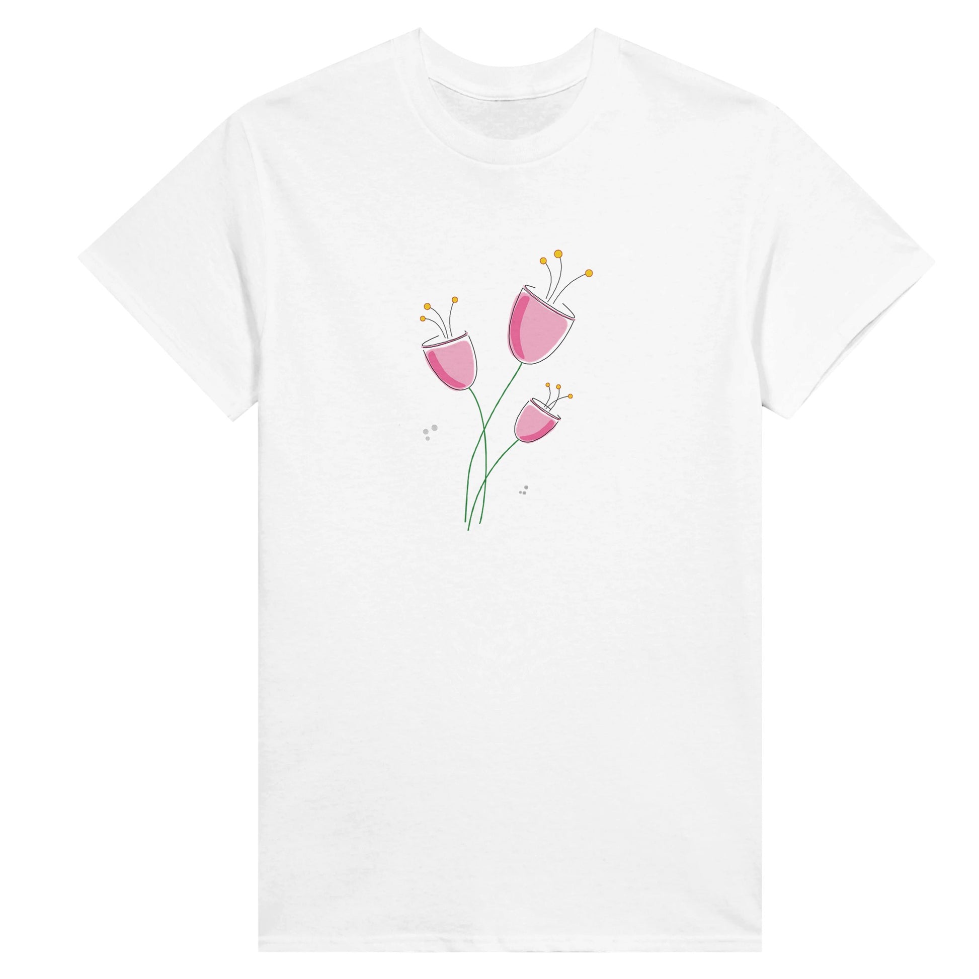 a white womens t-shirt with simple pink flowers