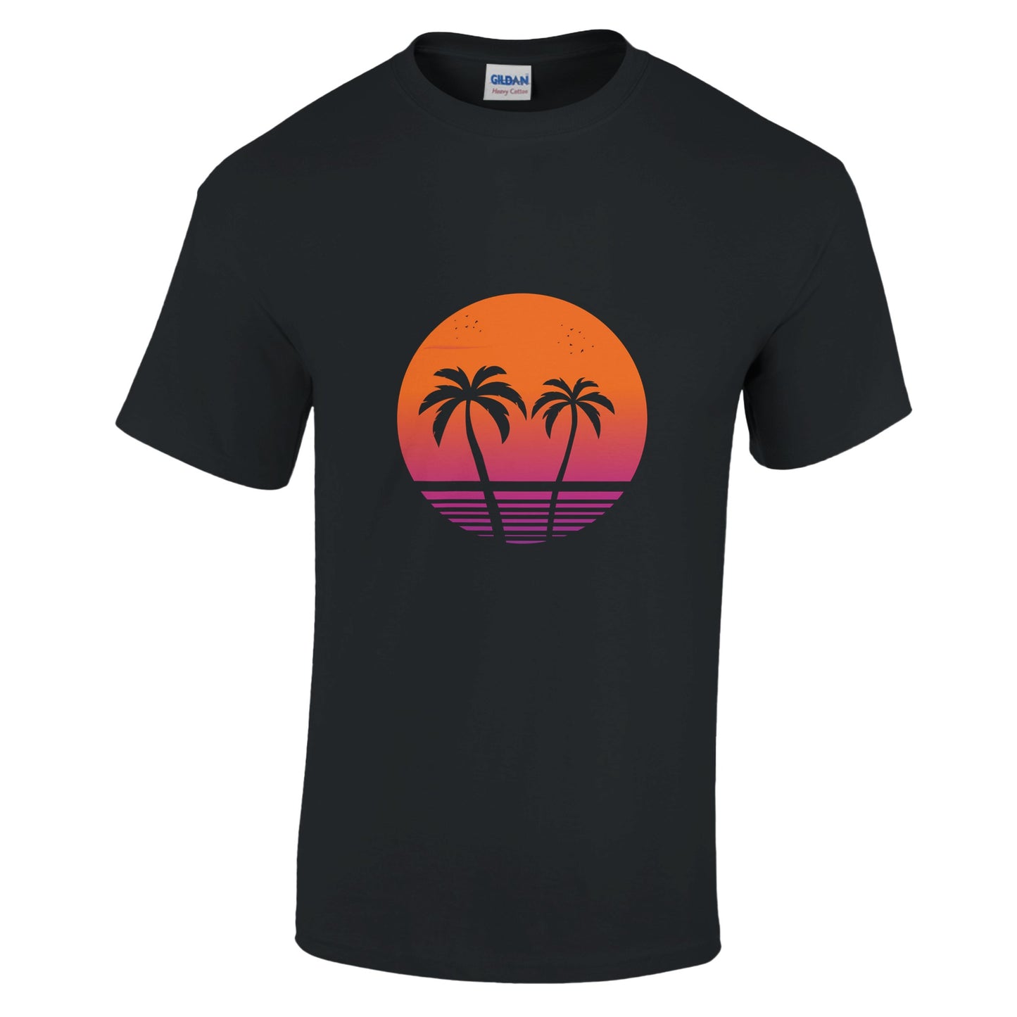 a black shirt with a tropical scene silhouetted in a circle