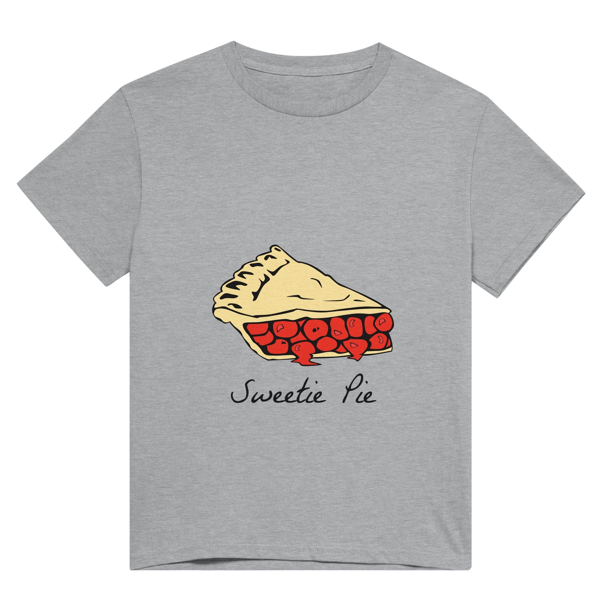 A light grey t shirt with black text saying, "Sweetie pie" and an image of a slice of red cherry pie.