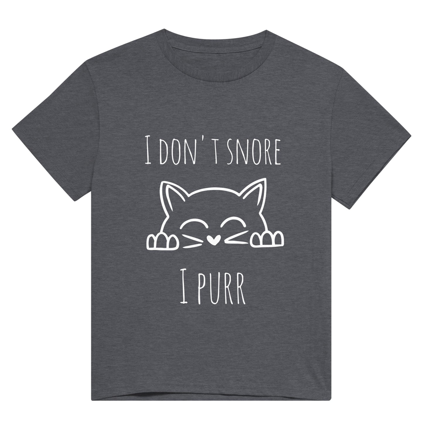 A dark grey t shirt with the words, "I don't snore, I purr" and a picture of a cat peeping up on it.