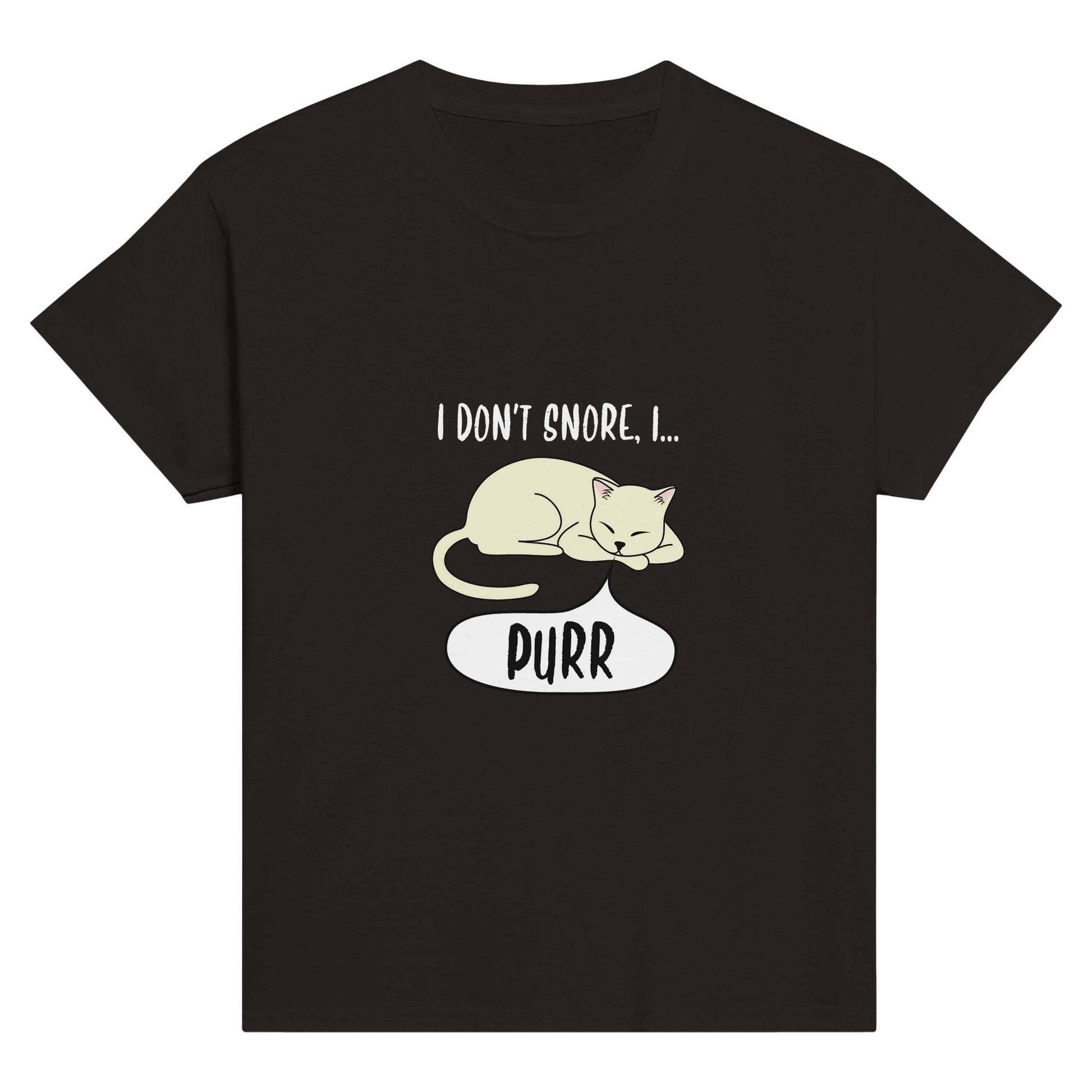 A black shirt with the words, "I don't snore, I purr" and a picture of a sleeping cat on it.