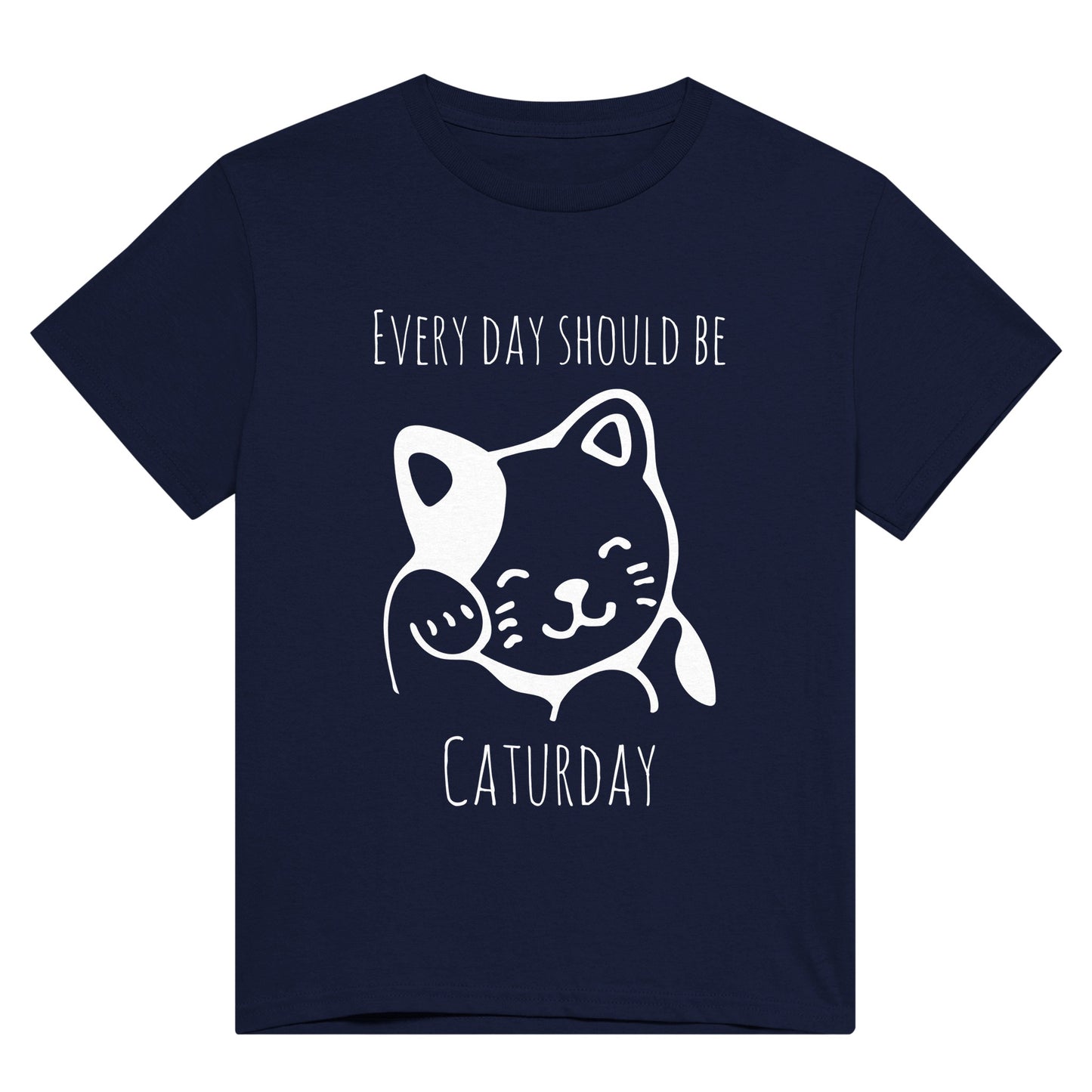 Navy blue t shirt with the pun, "Every day should be Caturday" and an image of a grooming cat on it in white.