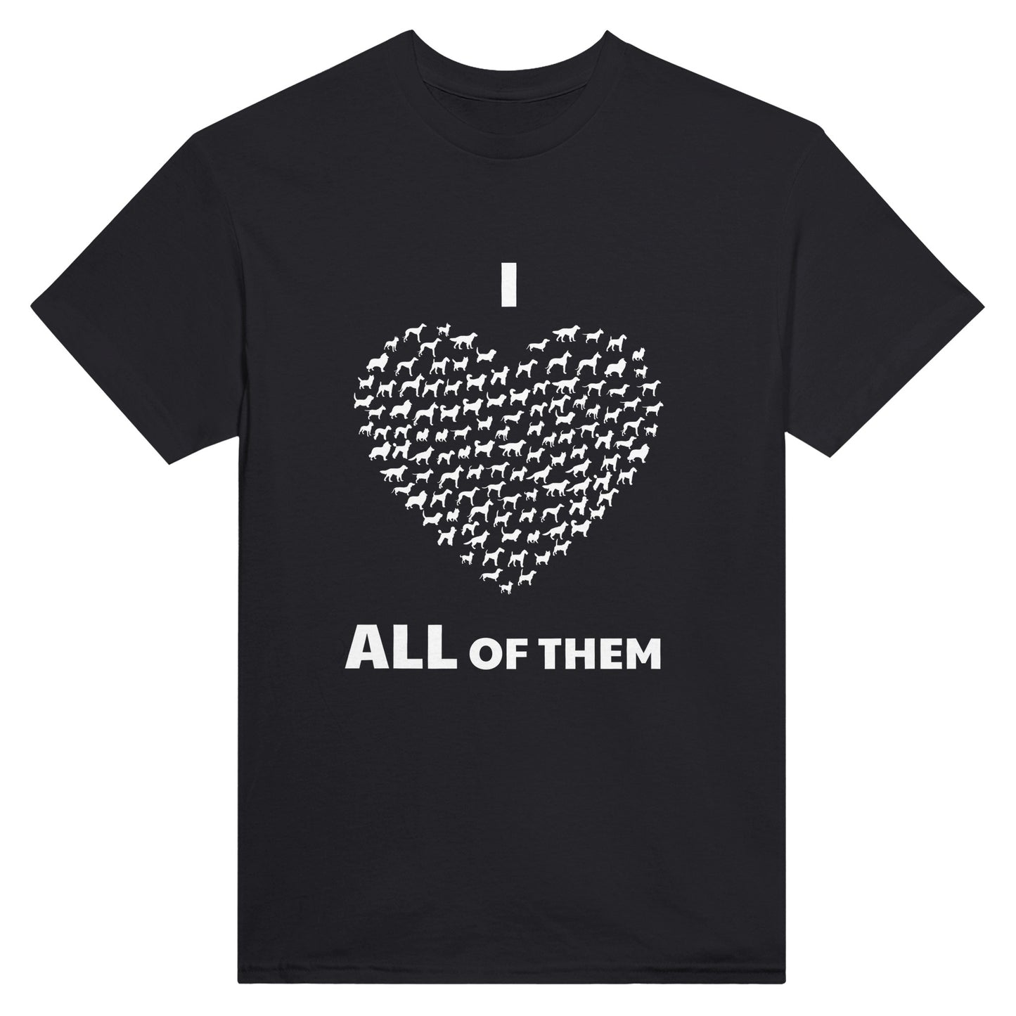 Black shirt with a large heart made up of different breeds of dogs and the text "I (heart) all of them"