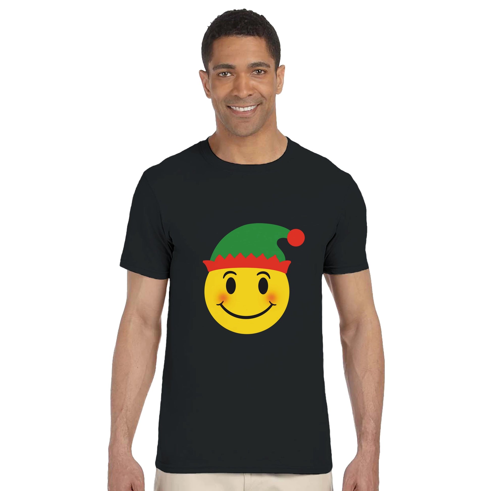 A man wearing a black t-shirt with a happy Christmas elf emoji