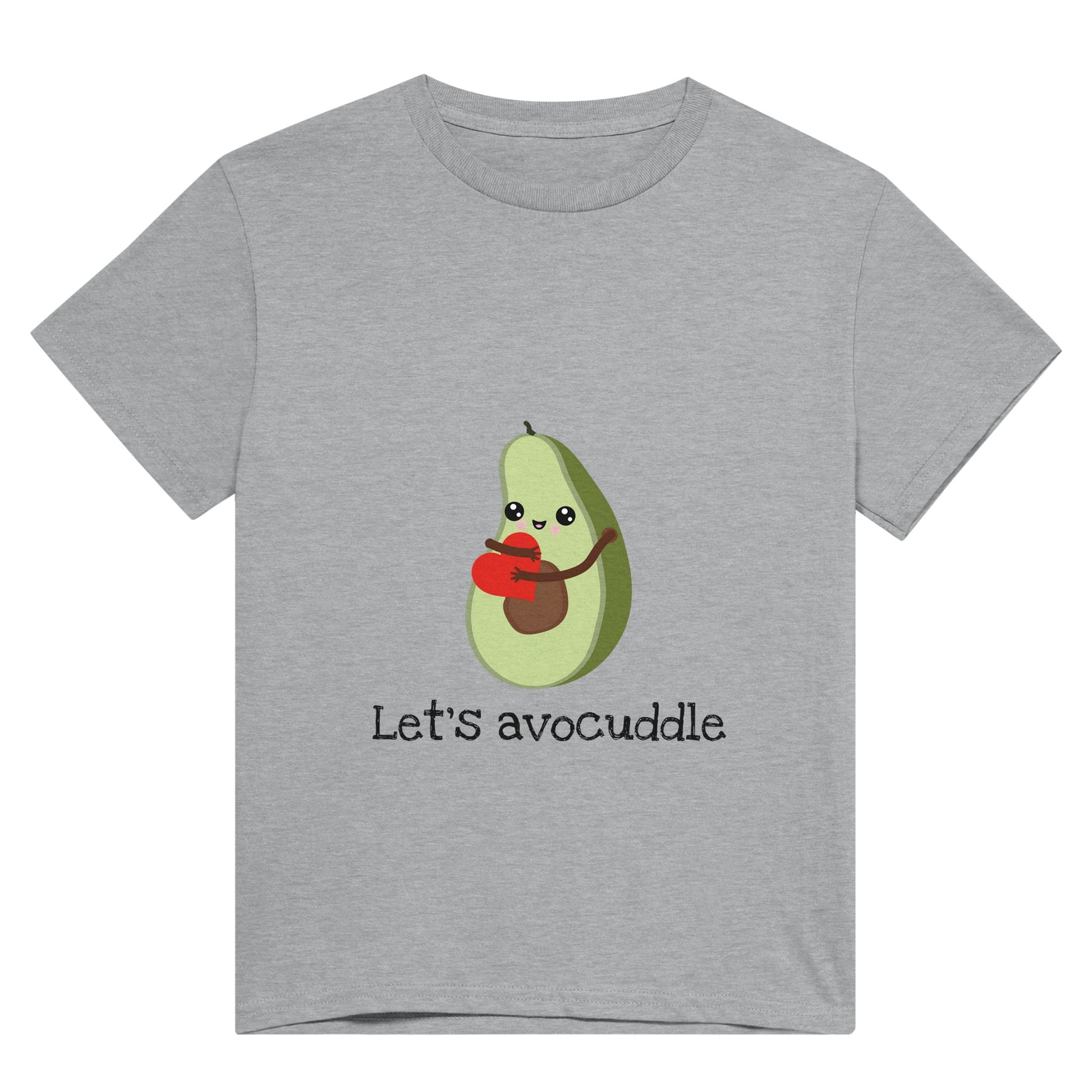 A light grey t shirt with the pun, "Let's avocuddle" in black and a picture of a cute avocado cuddling a heart.