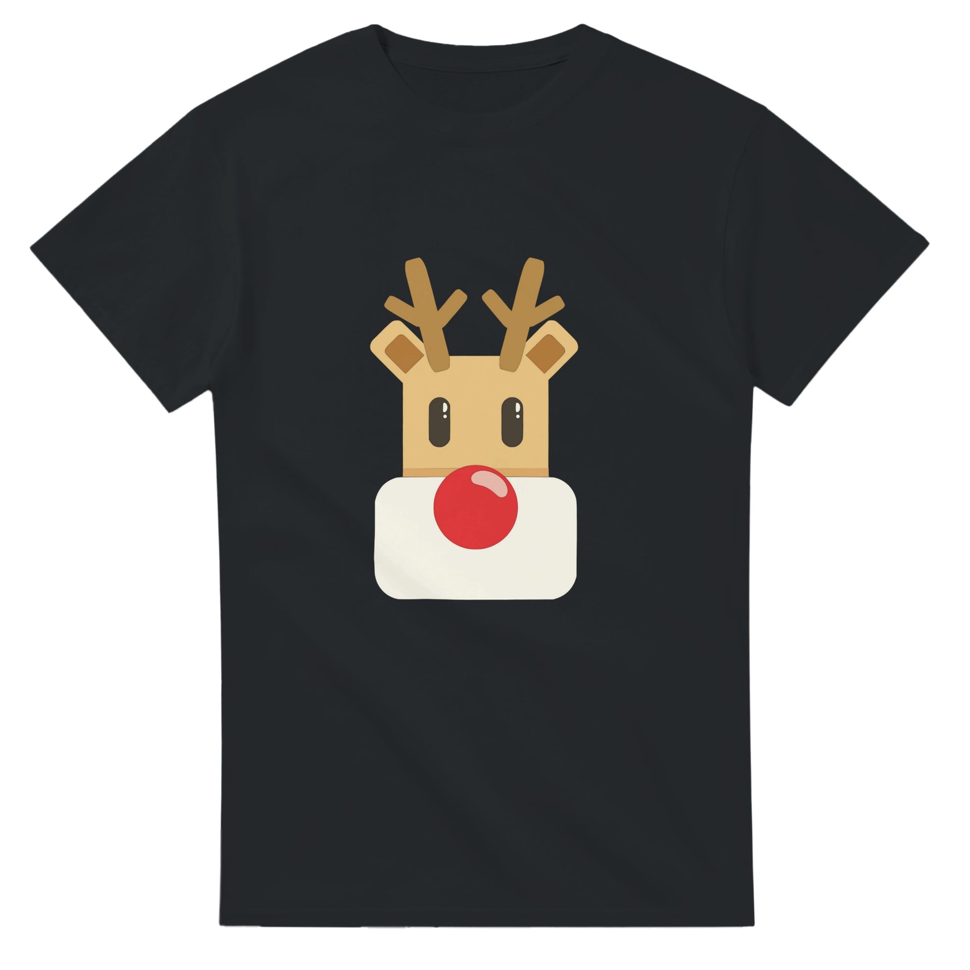 A black t-shirt with a simplistic and cute picture of a red nosed reindeer, Rudolph, on it.