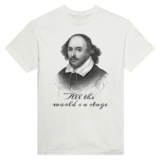 A white shirt with a portrait drawing of william shakespeare in black and the quote "All the world's a stage" underneath.