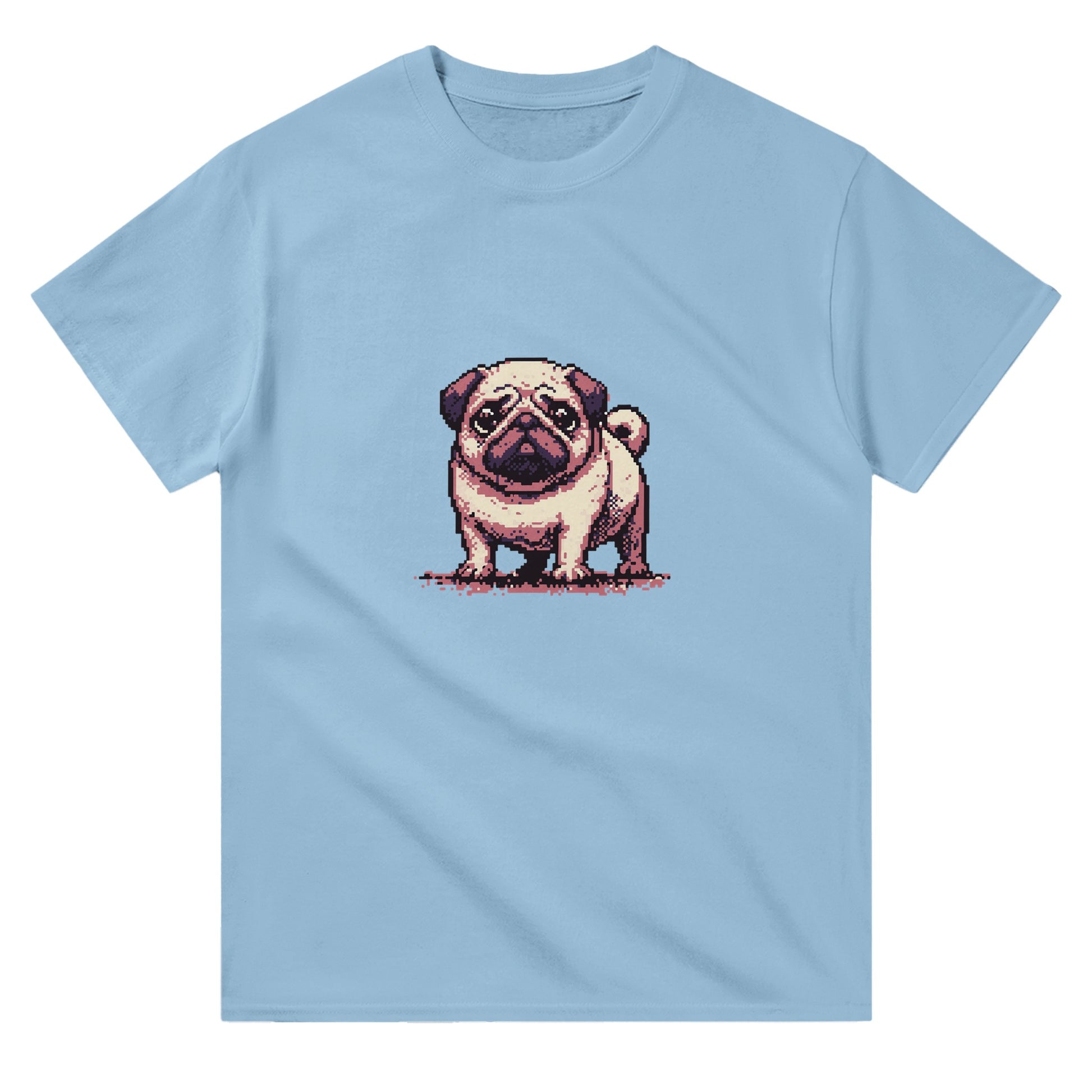 mens and womens blue coloured t-shirt with a cute pug picture 