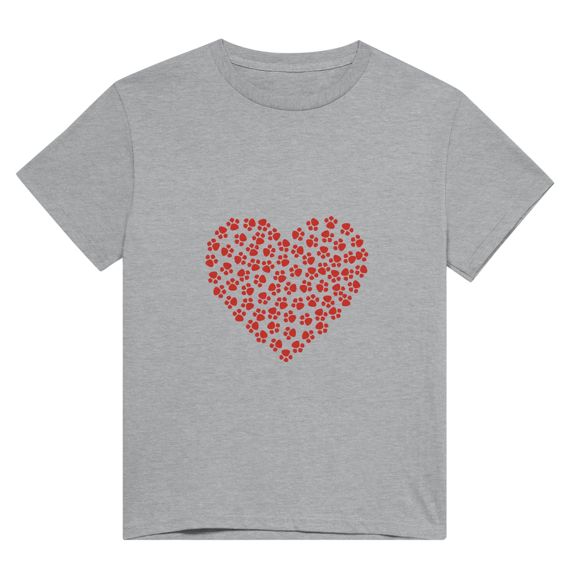 A light grey t shirt with a big heart on it made up of little red animal paws