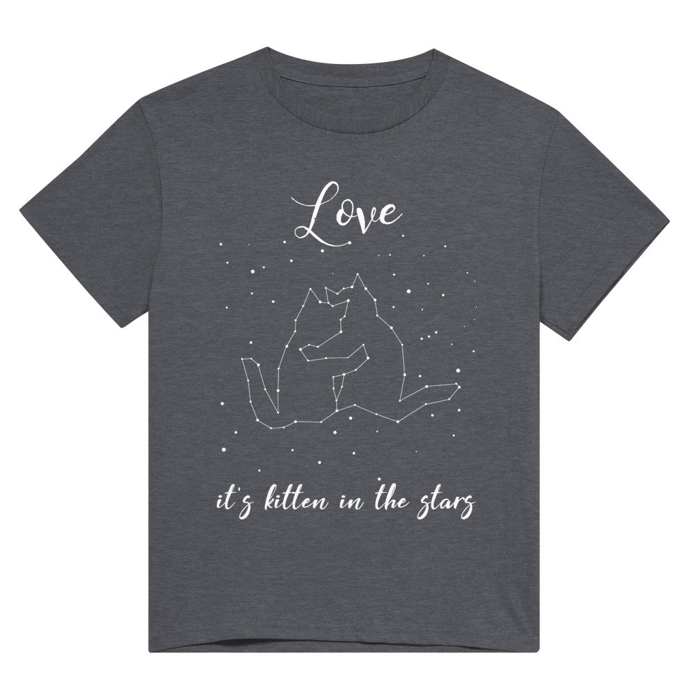 A dark grey t shirt with the words, "Love, it's kitten in the stars" in white and a picture of stars in the night sky, showing a cuddling cat pair constellation