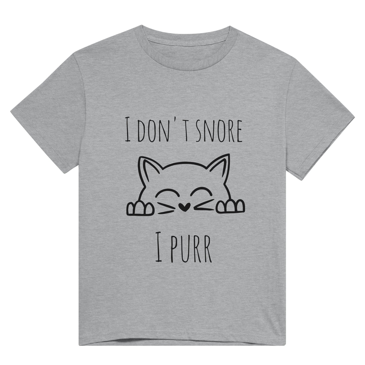 A light grey t shirt with the words, "I don't snore, I purr" and a picture of a cat peeping up on it.