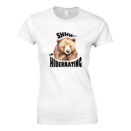 a women's white t-shirt with a sleeping bear and the text, "Shhh... I'm Hibernating".