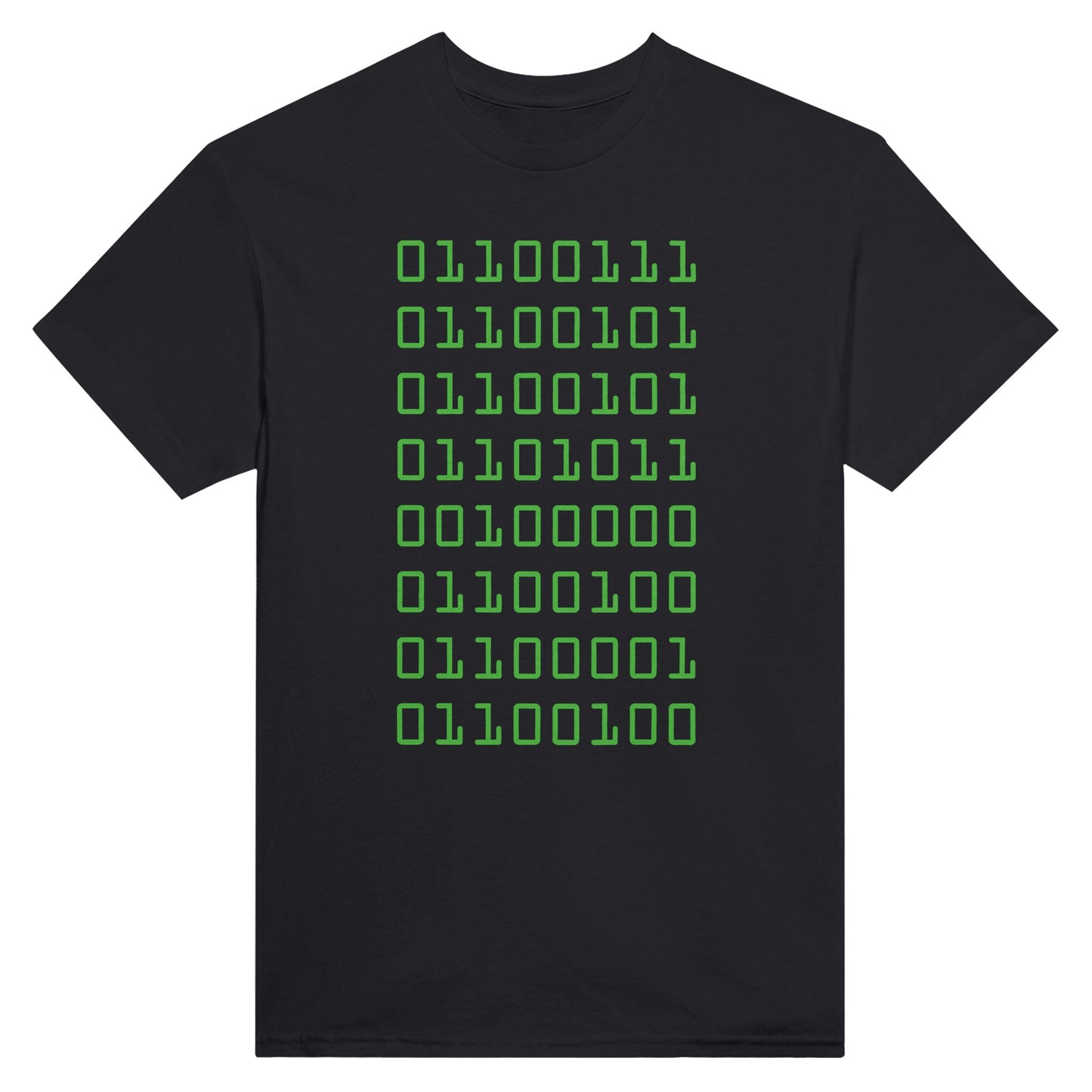 Black t-shirt with binary code spelling out "geek dad" in green