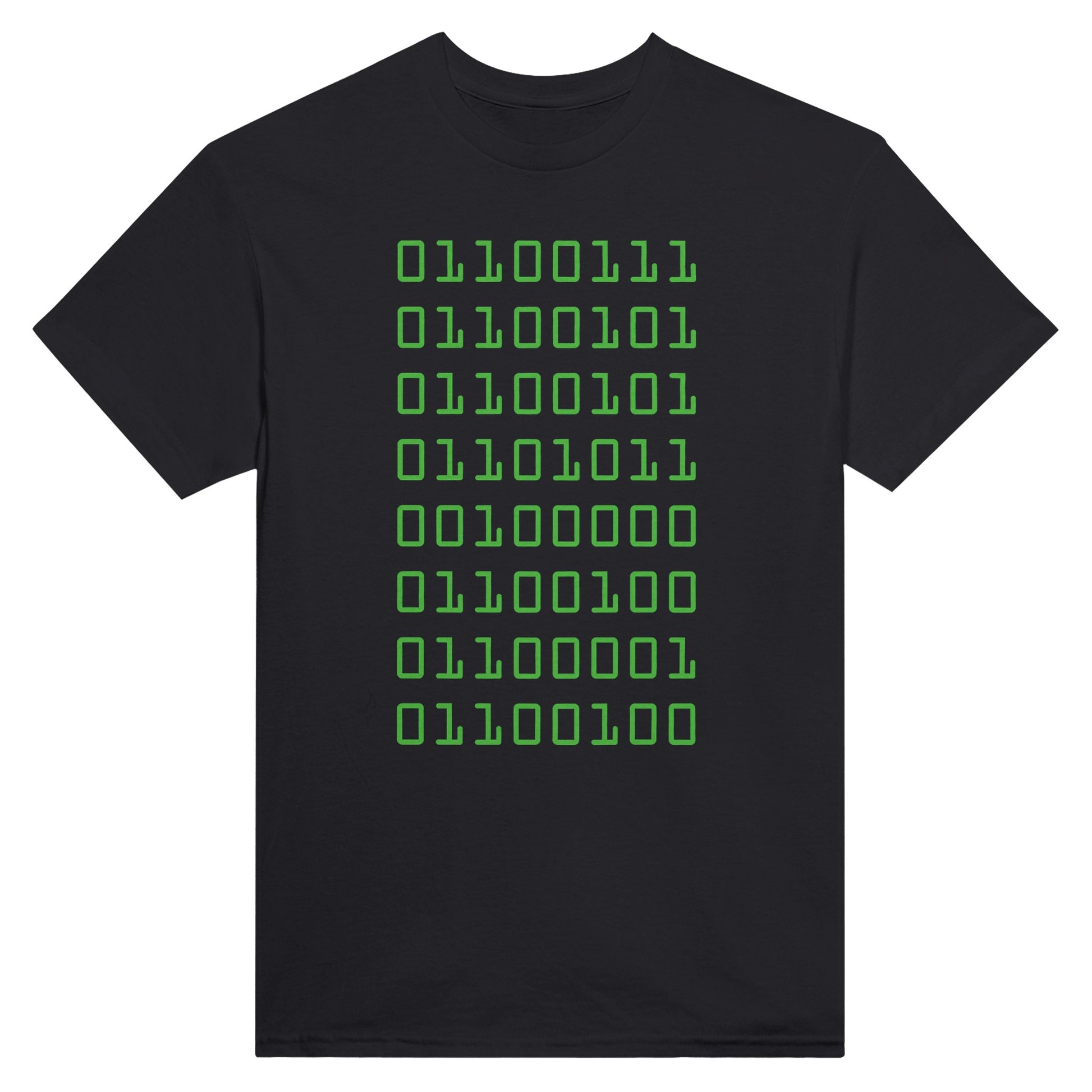 Black t-shirt with binary code spelling out "geek dad" in green