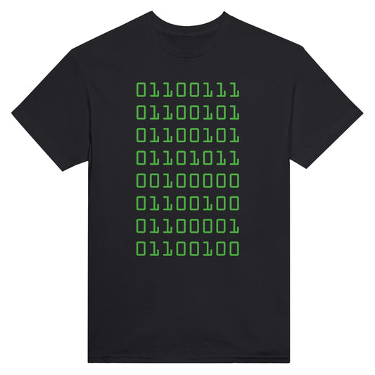 Black t-shirt with binary code spelling out "geek dad" in green