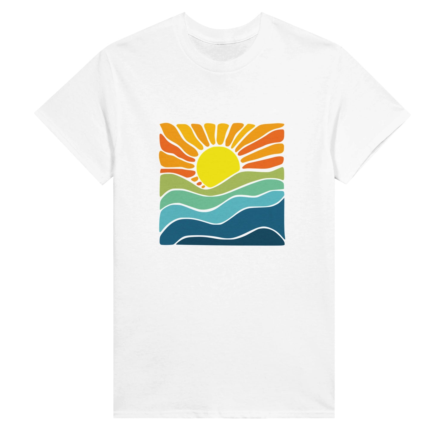 a white womens t-shirt with an abstract and colourful sunset