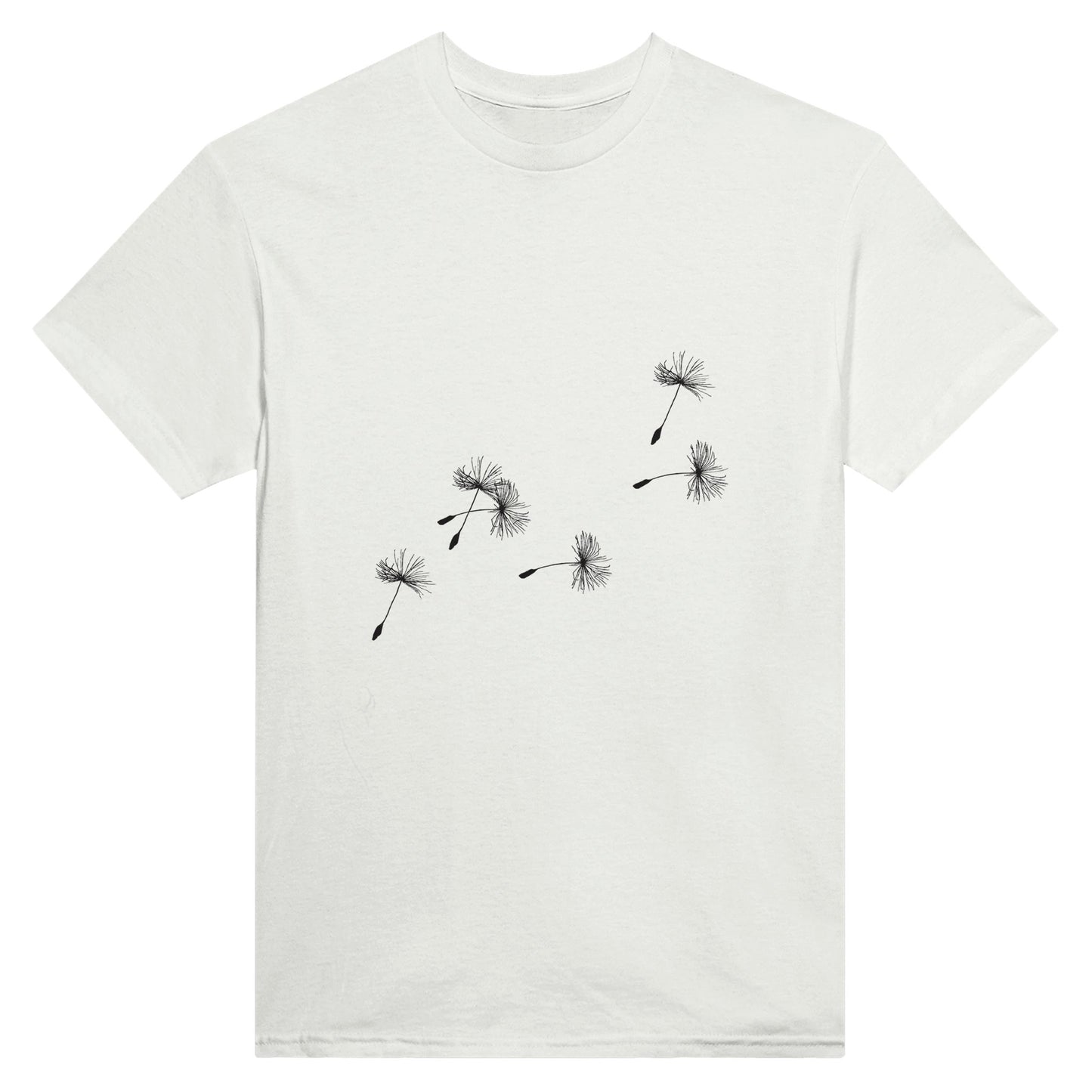 Woman's white t-shirt with the silhouette of dandelion seeds in black