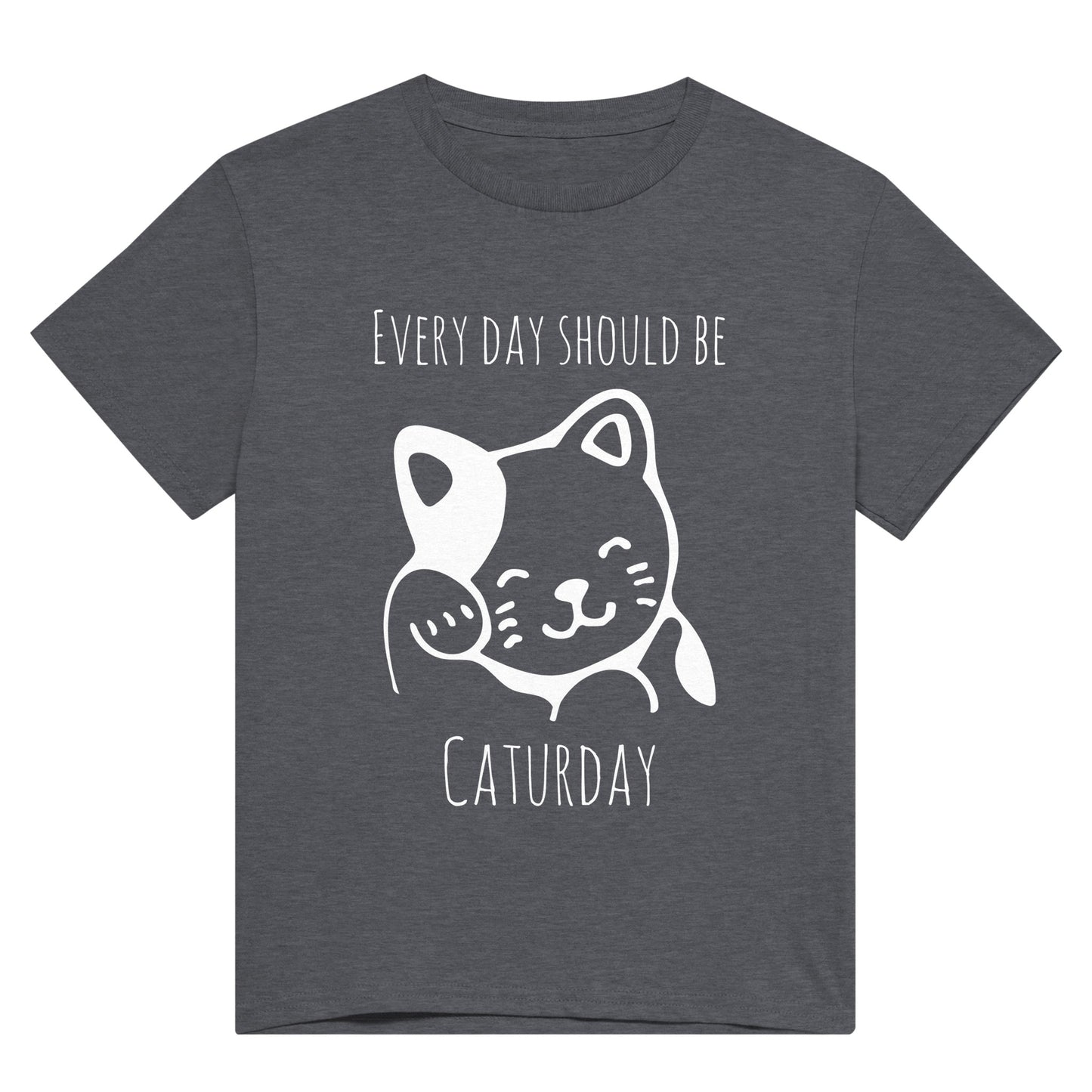 Dark grey t shirt with the pun, "Every day should be Caturday" and an image of a grooming cat on it in white.