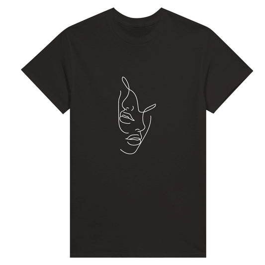 Black t shirt with elegant yet simple white line art depicting the lower half of two female faces with plump lips.