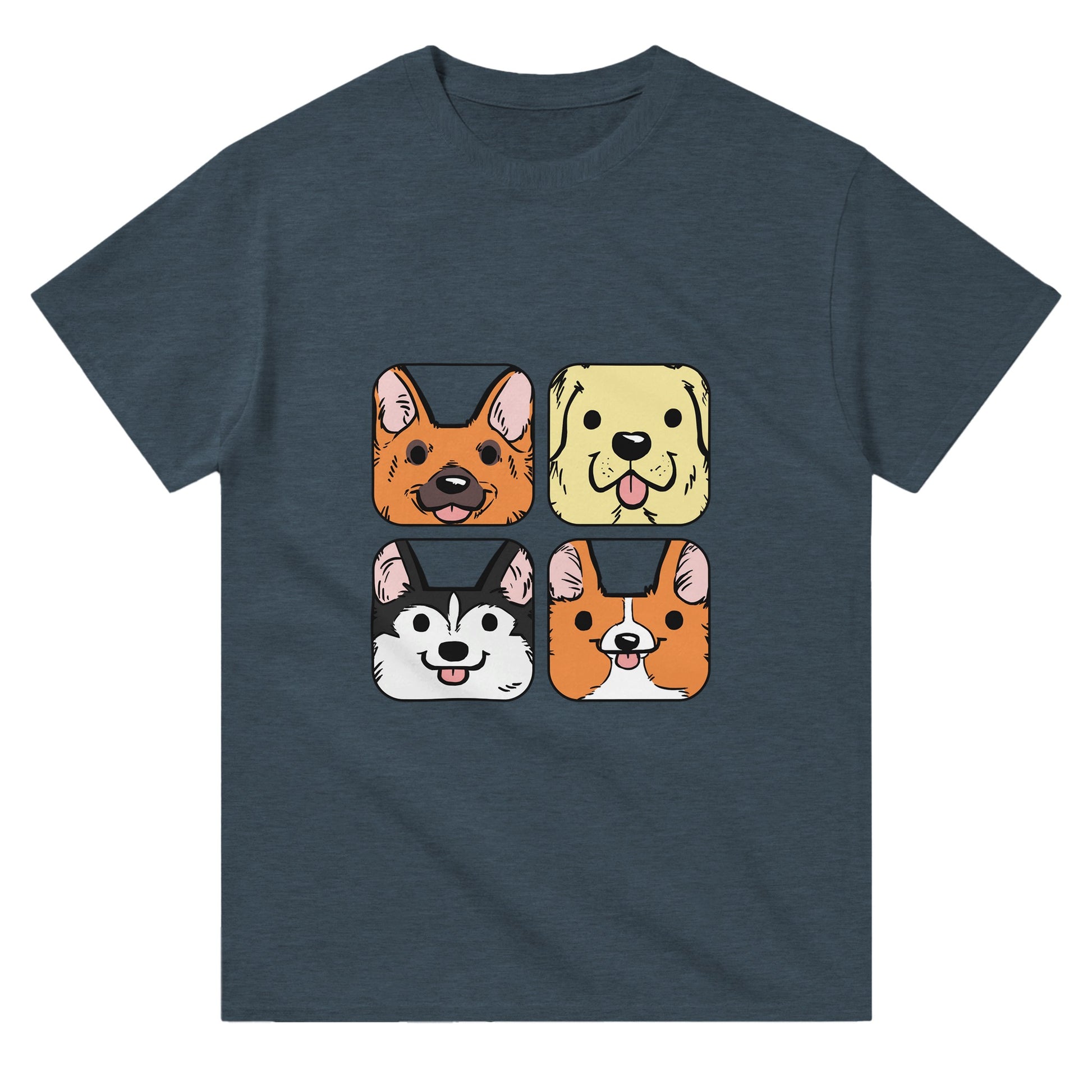 Dark grey t-shirt with german shepherd, labrador, husky and corgi dog faces