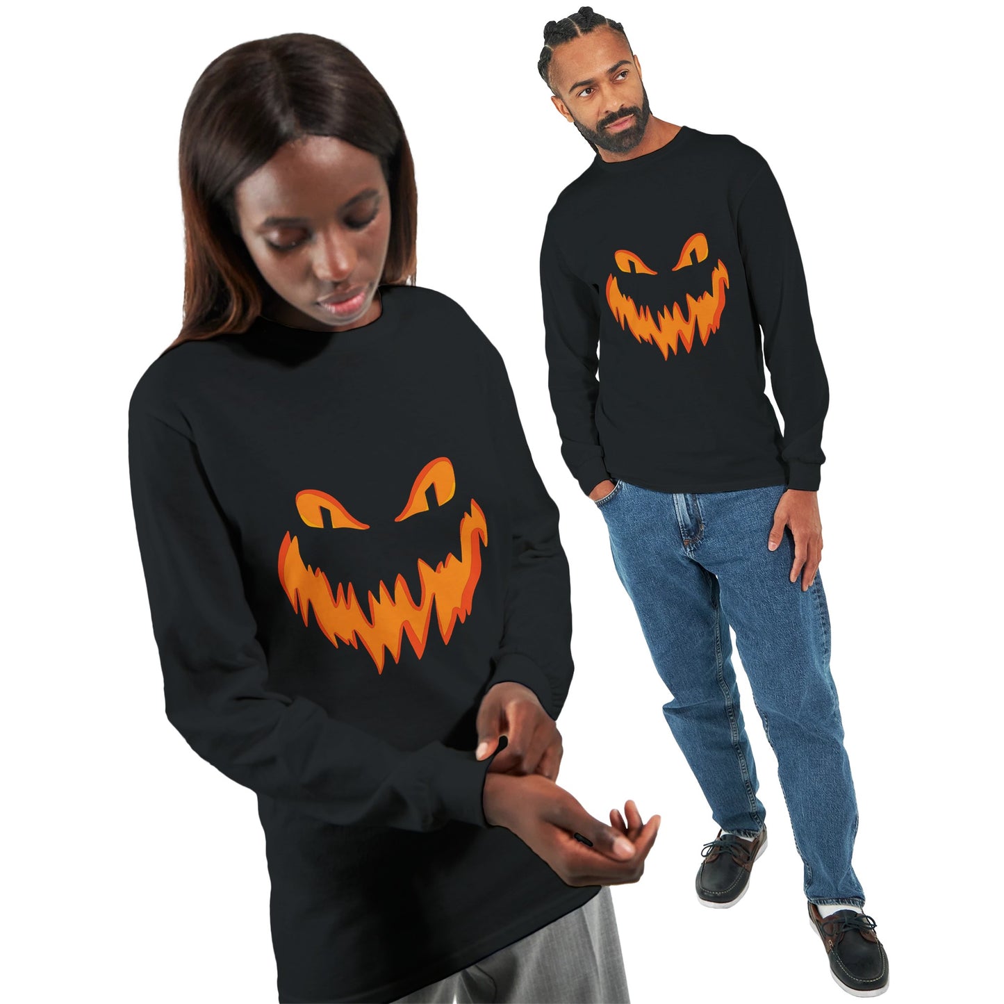 A black, long sleeved Halloween t shirt with a spooky smiling Jack o' Lantern pumpkin face worn by a man and woman.