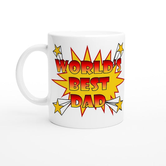 A white ceramic mug with the words, "world's best dad" in graded yellow and red, with a comic book style explosion in the background and yellow stars in each corner.