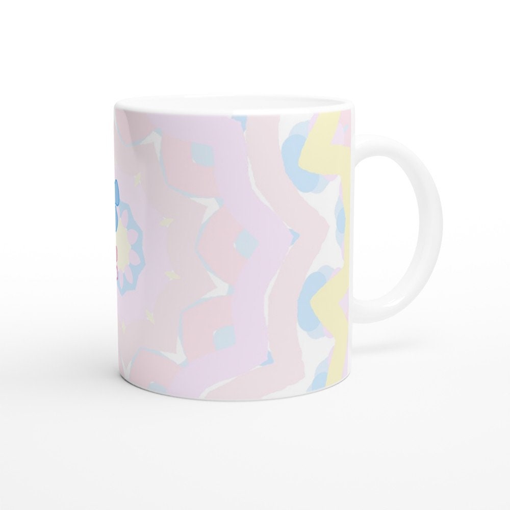 Back view of a white ceramic mug with the words "Best Mum Ever" written on it, with a background of pastel coloured flowers.