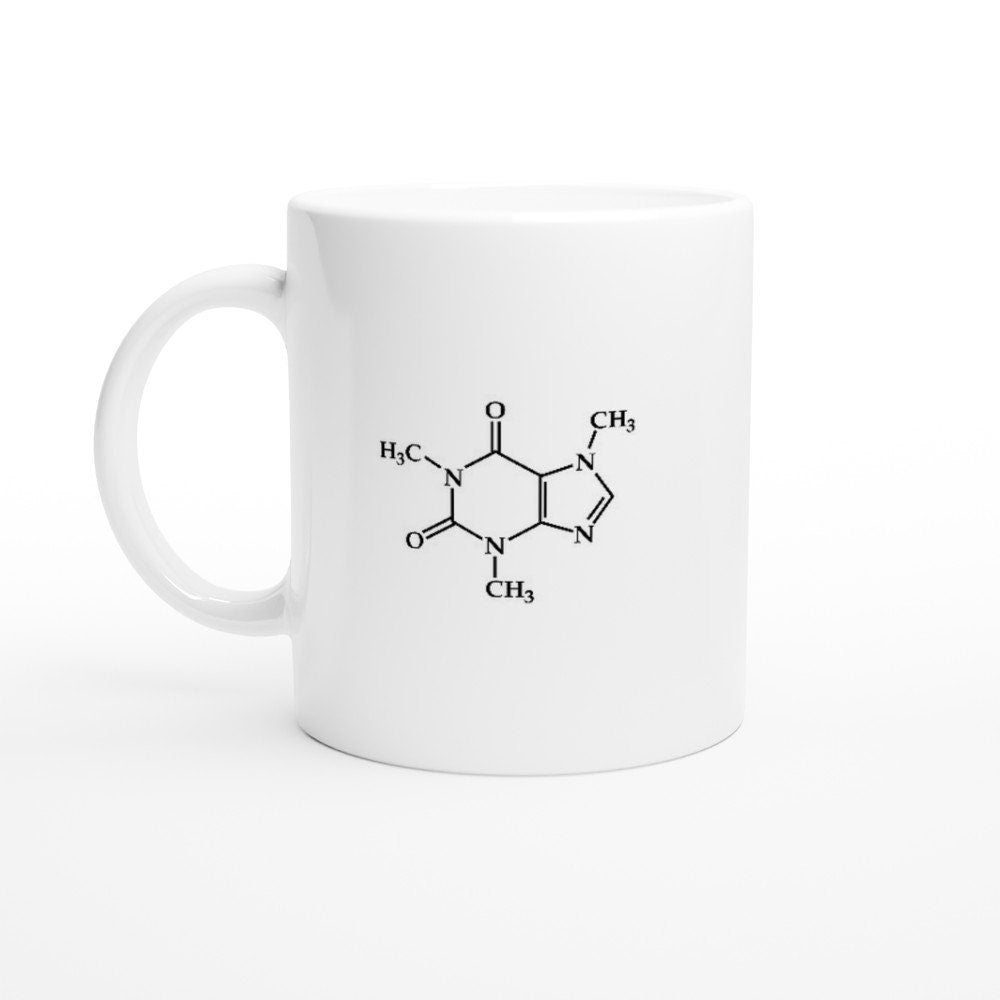 White ceramic mug with the picture of the displayed formula of a caffeine molecule on it in black